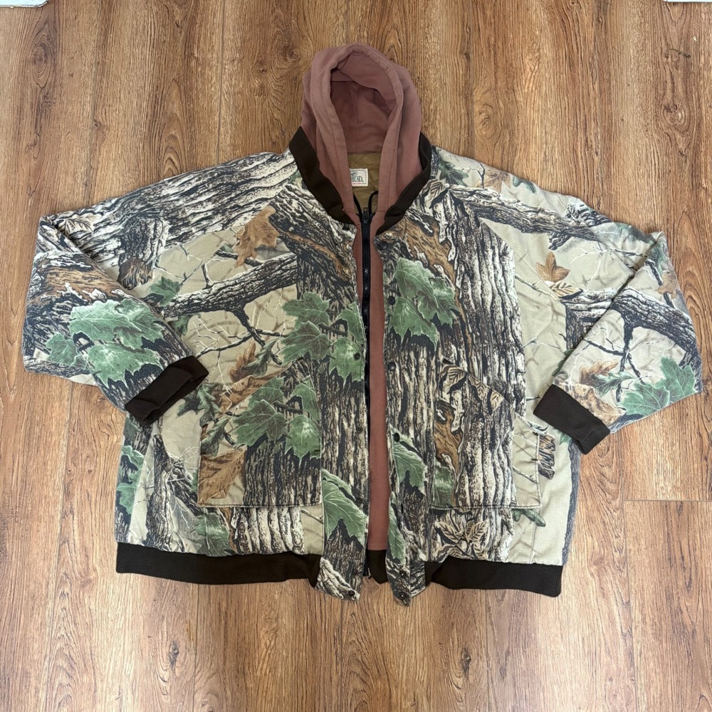 VTG Real-Tree RedHead Camo Bomber Jacket Mens 3X Hooded Quilted Workwear Hunting